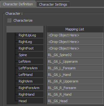 соответствие названий костей персонажа
и внутреннего представления MotionBuilder
