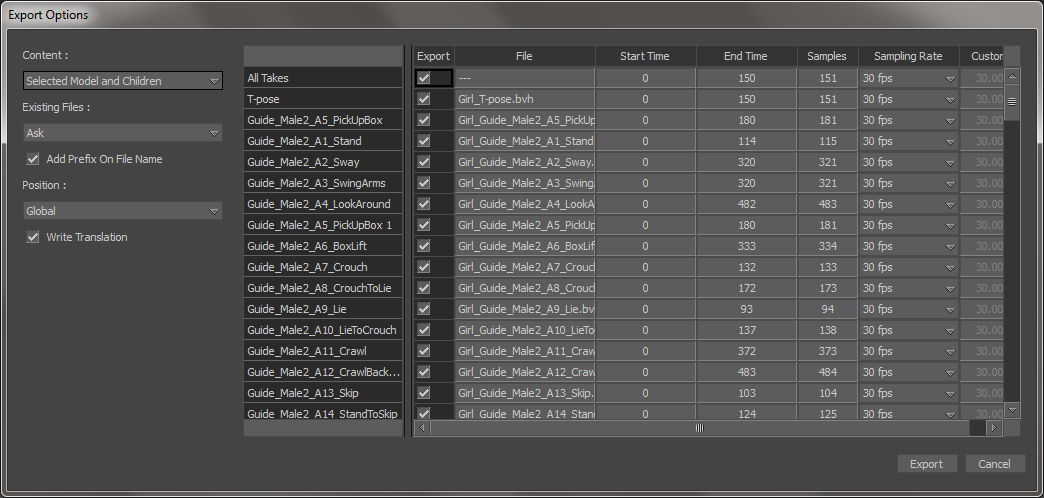 Select the root bone (Hips) of the Girl character and File -> Motion File Export